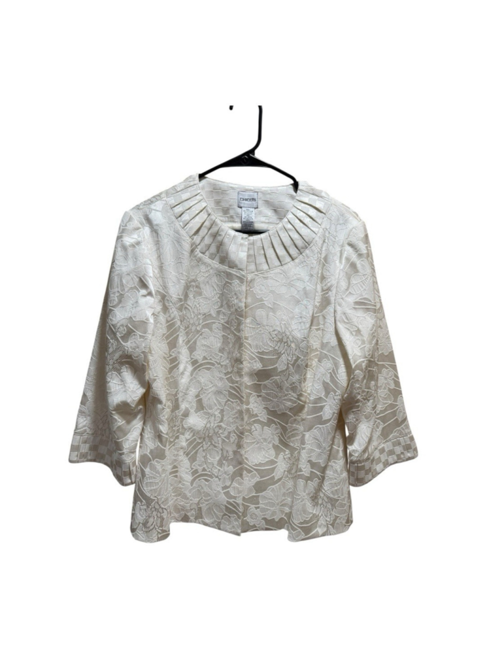 Chicos Size 2 Large Ivory Floral Jacquard Holiday Jacket Elegant Pleated Collar